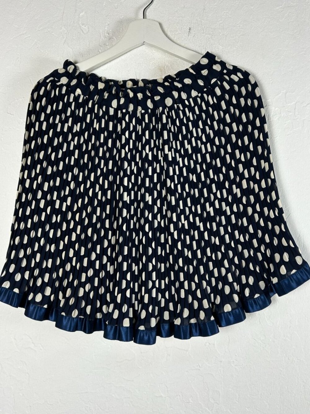 Women's Vintage Mini Skirt Paris Navy Blue Polka Dot Pleated with Satin Hem